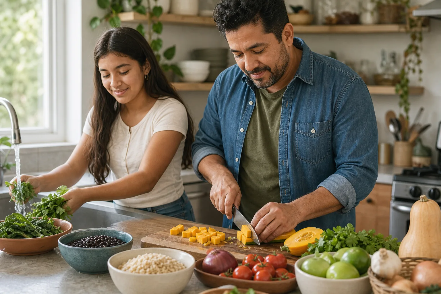 A father and daughter preparing an affordable meal with vegetables, beans, herbs, and whole grains