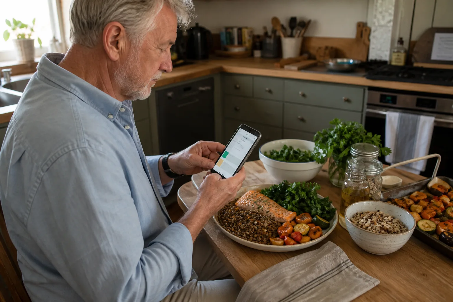 A person using a personalized meal plan while preparing an affordable meal